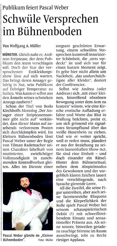 WN Rezension Premiere DER ANSAGER EINER STRIPTEASENUMMER GIBT NICHT AUF Rezension Pascal Weber Debüt